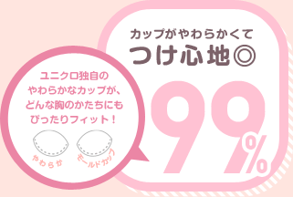カップがやわらかくてつけ心地◎ 99% ユニクロ独自のやわらかなカップが、どんな胸のかたちにもぴったりフィット！