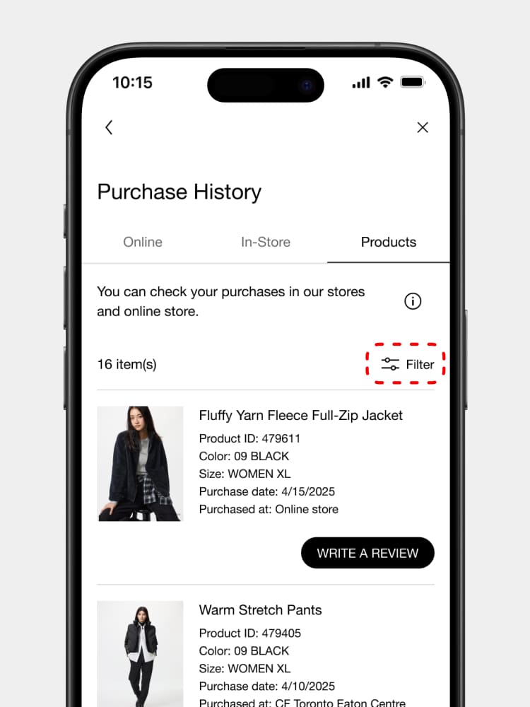 Log in, pergi ke menu Keanggotaan, lalu pilih Riwayat Pembelian, kemudian klik tombol Filter.