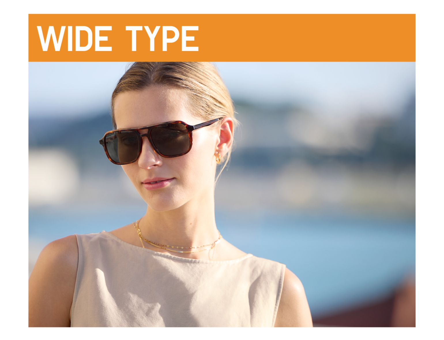 A close-up image of a woman with a gentle expression in the sunlight, wearing large square-shaped sunglasses under an orange