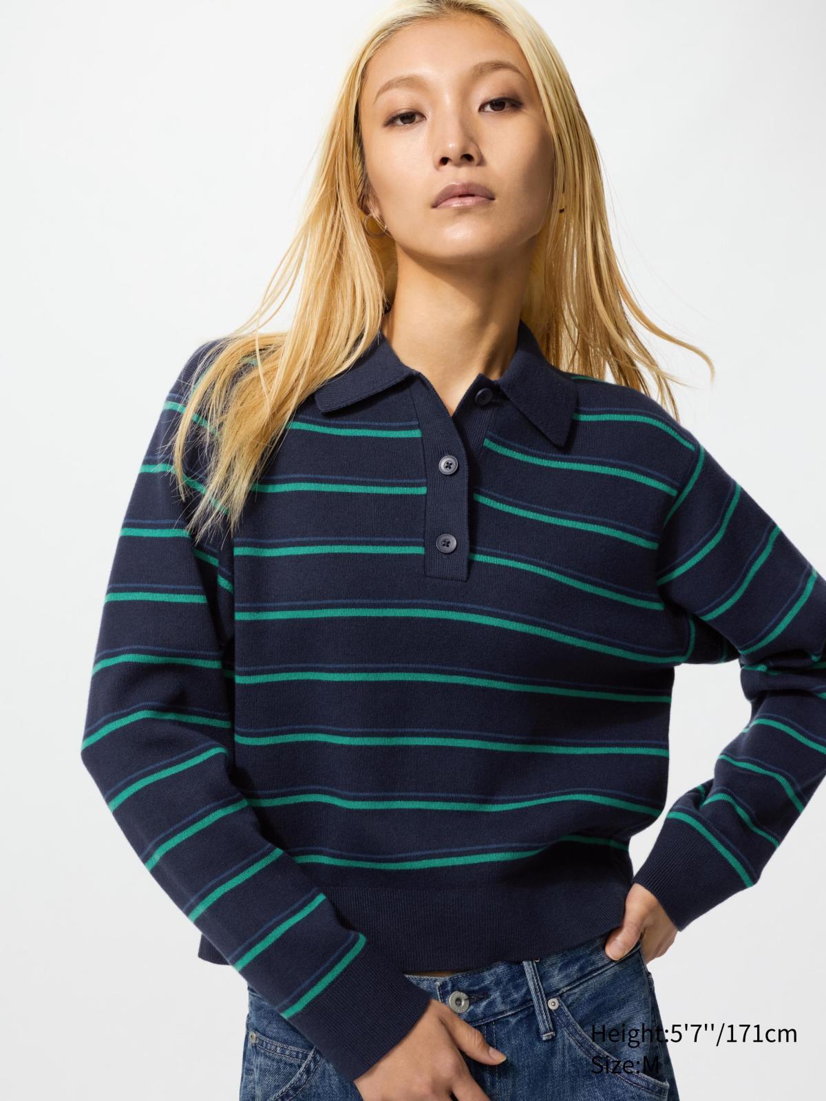 女裝 柔滑棉條紋POLO針織衫(長袖)