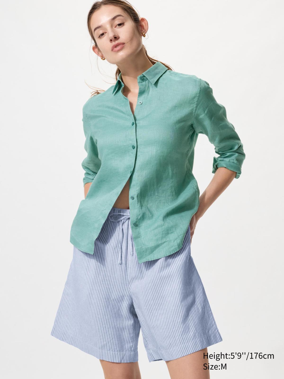 女裝 亞麻混紡短褲(條紋)